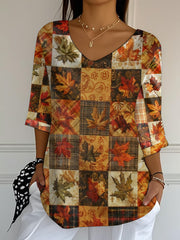 Women's Autumn Pumpkin Maple Leaf  Print  Top
