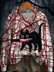 Women's Funny Halloween Blood stain Black Cat With Knife Print Crew Neck Sweatshirt