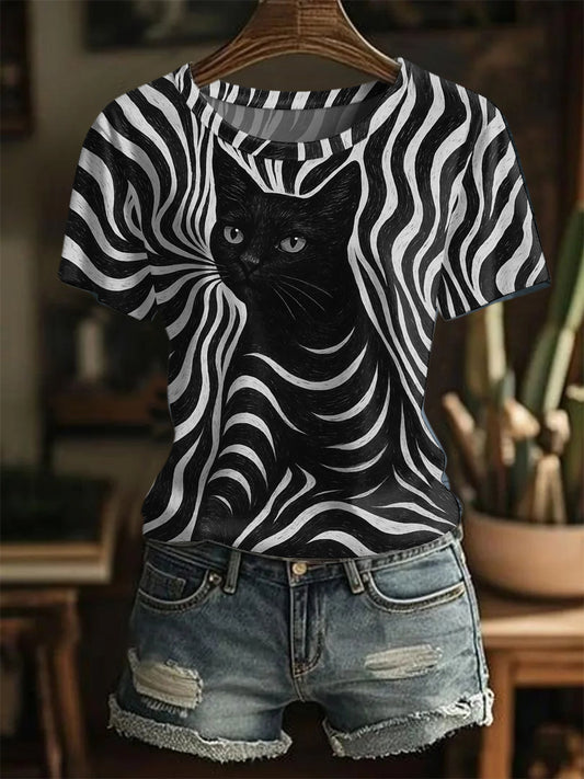 Women's Halloween Black Cat Stripes Print Casual Tee
