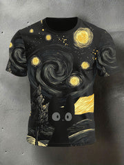Men's Halloween Black Cat Print Casual T-shirt