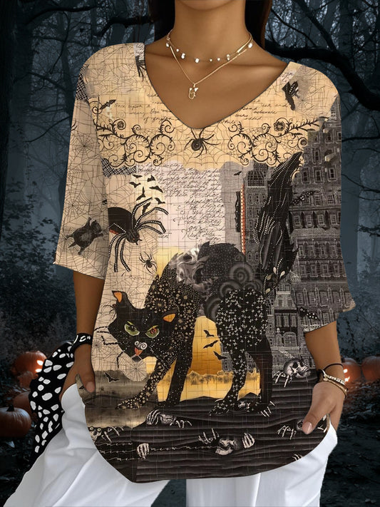 Women's Halloween Black Cat Printed V-Neck Top
