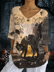 Women's Halloween Black Cat Printed V-Neck Top