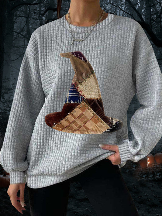 Women's Halloween Witch Hat Print Waffle Sweatshirt