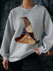 Women's Halloween Witch Hat Print Waffle Sweatshirt