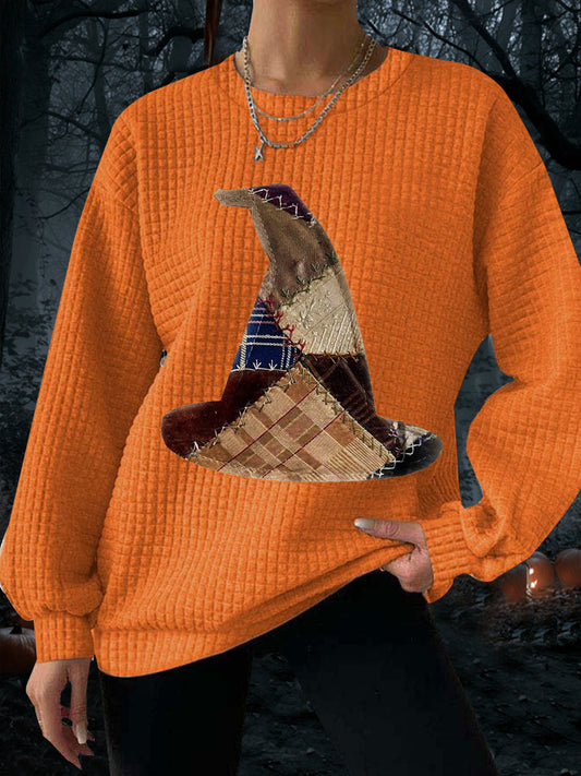Women's Halloween Witch Hat Print Waffle Sweatshirt