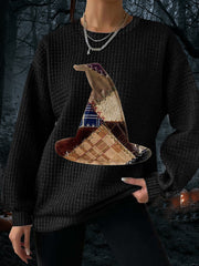Women's Halloween Witch Hat Print Waffle Sweatshirt