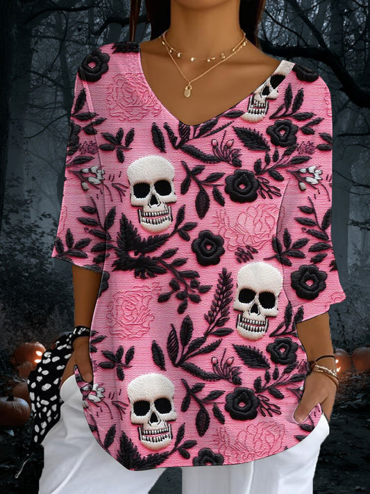 Women's Halloween Skull Print Casual Half Sleeve Top