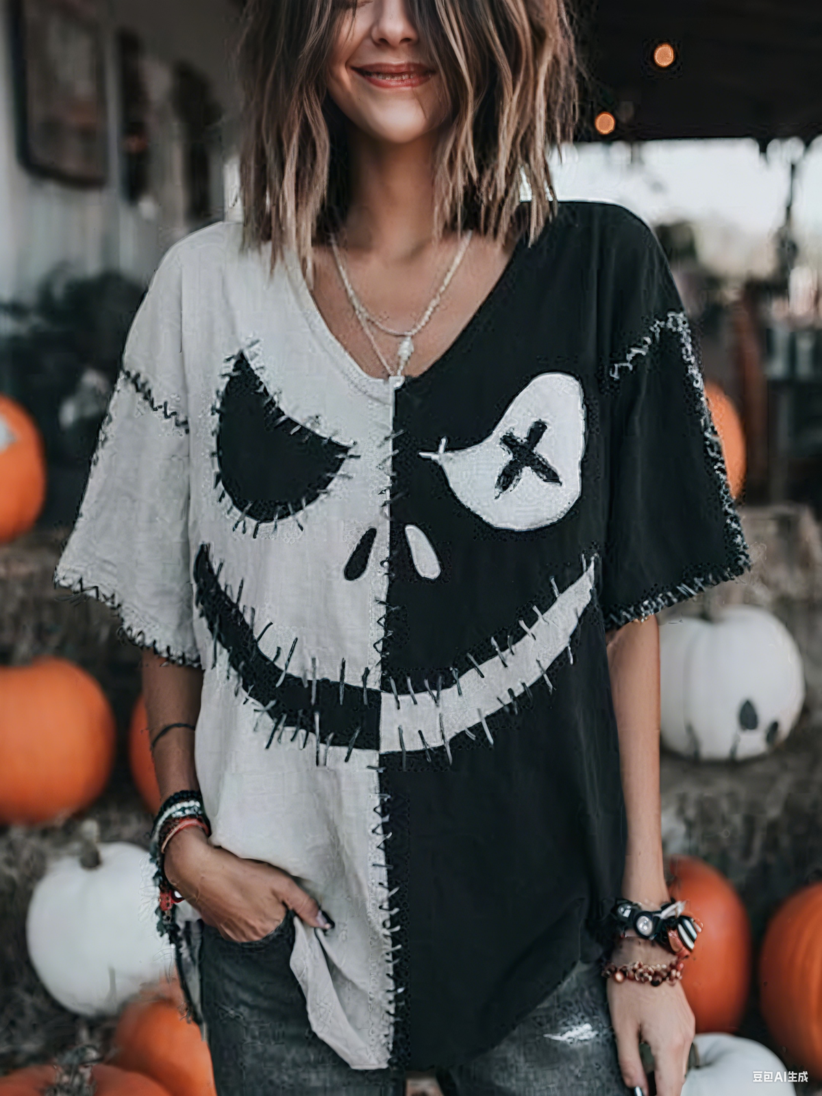 Women's Halloween Spooky Face Print Casual V-Neck Tee