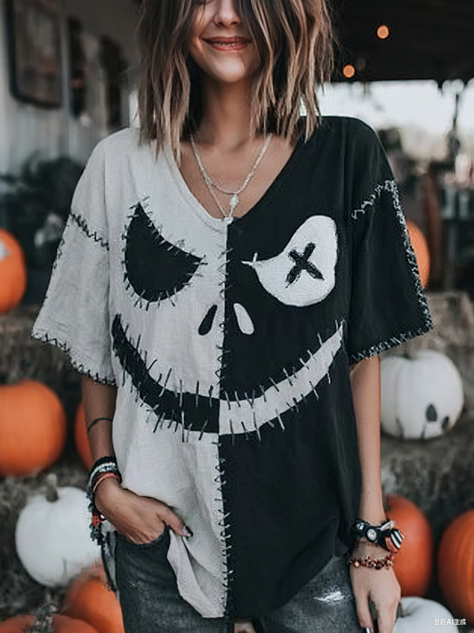 Women's Halloween Spooky Face Print Casual V-Neck Tee