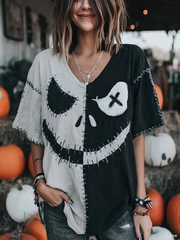 Women's Halloween Spooky Face Print Casual V-Neck Tee