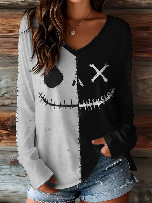 Women's Halloween Spooky Face Print Casual Long Sleeve T-Shirt