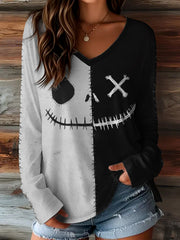 Women's Halloween Spooky Face Print Casual Long Sleeve T-Shirt