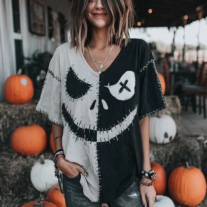 Women's Halloween Spooky Face Print Casual V-Neck Tee