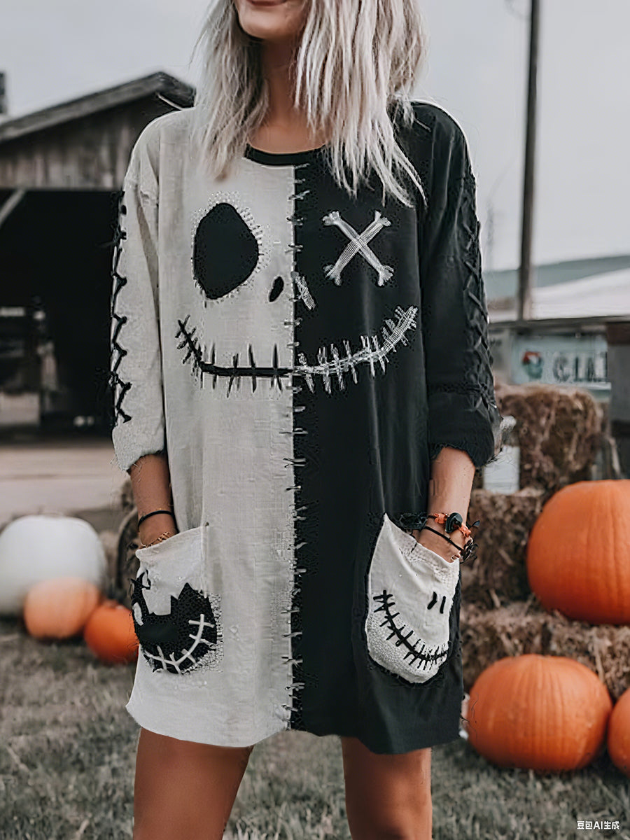 Women's Halloween Spooky Face Print Casual Long Sleeve Mid-Length Top