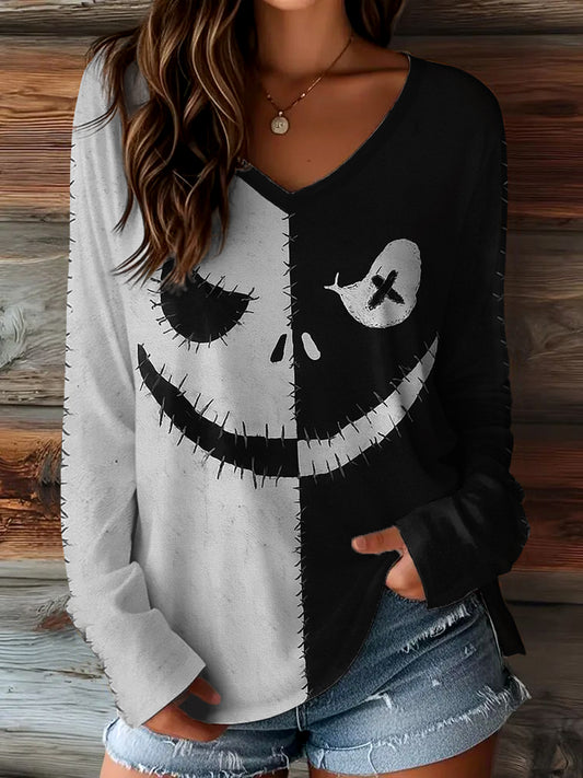 Women's Halloween Spooky Face Print Casual Long Sleeve T-Shirt