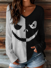 Women's Halloween Spooky Face Print Casual Long Sleeve T-Shirt