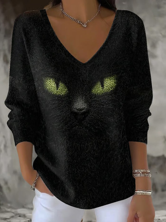Women's Halloween Cat V-Neck Ribbed Top