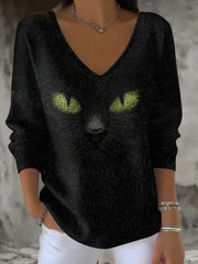 Women's Halloween Cat V-Neck Ribbed Top