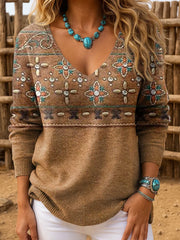 Women's Western Retro Pattern Print  V-Neck Ribbed Top