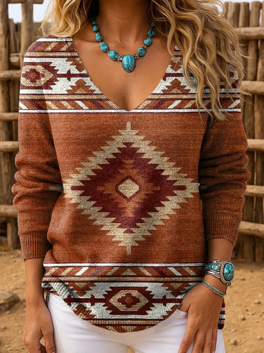 Women's Western Retro Pattern Print V-Neck Ribbed Top