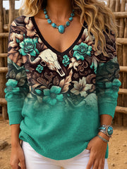 Women's Western Style Art Printed V-neck Tops