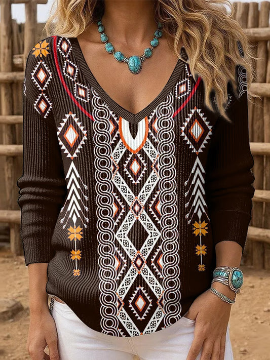 Women's Western Ethnic Aztec Print Caual Long-Sleeve Top