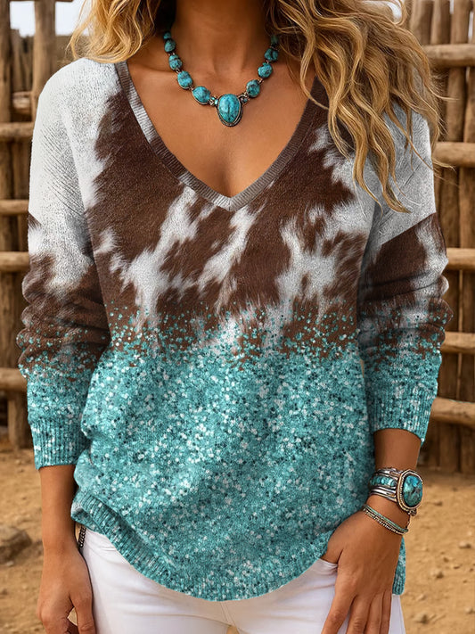 Women's Western Style Art Printed V-neck Tops