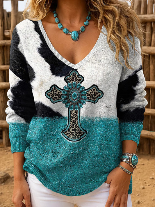 Women's Western Style Art Printed V-neck Tops