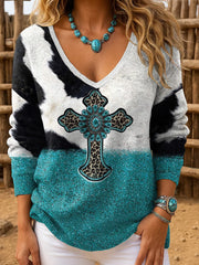 Women's Western Style Art Printed V-neck Tops