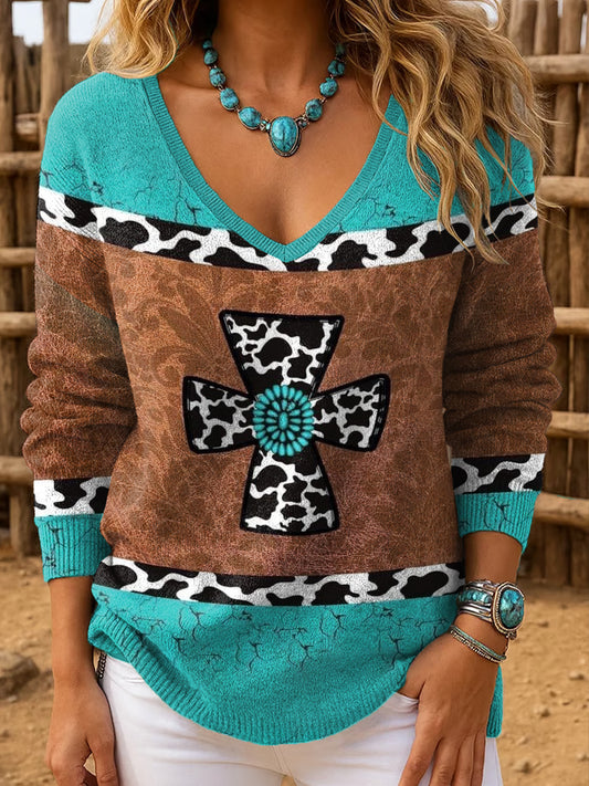 Women's Western Style Art Printed V-neck Tops