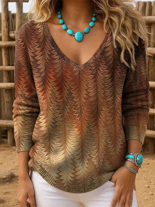 Women's Western Retro Pattern Print V-Neck Ribbed Top