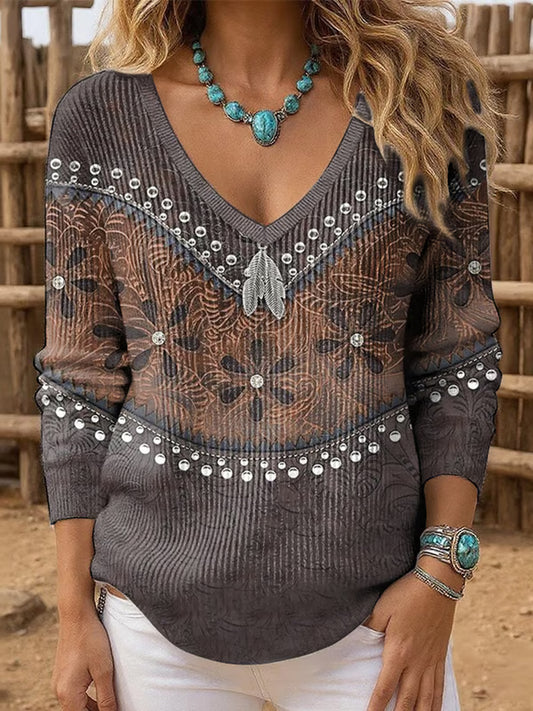 Women's Western Retro Pattern Print V-Neck Ribbed Top