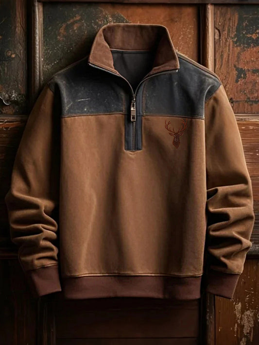 Men's Retro Western Deer Antler Print Casual Zipper Sweatshirt