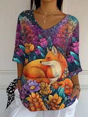 Women's Fall Leaf Fox Printed V-Neck Top
