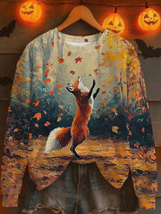 Women's Fall Leaf Fox Printed Long Sleeve Sweatshirt
