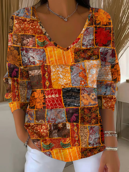 Women's Retro Autumn Patchwork Print Top