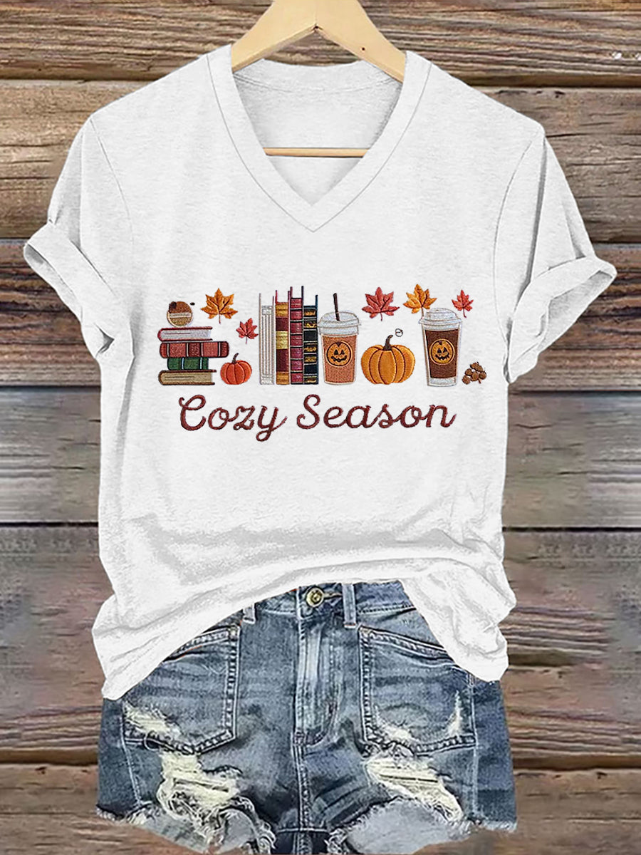 Women's Cozy Season  Pumpkin Maple Leaves Short Sleeve T-Shirt