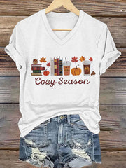 Women's Cozy Season  Pumpkin Maple Leaves Short Sleeve T-Shirt