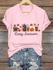 Women's Cozy Season  Pumpkin Maple Leaves Short Sleeve T-Shirt