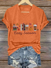 Women's Cozy Season  Pumpkin Maple Leaves Short Sleeve T-Shirt