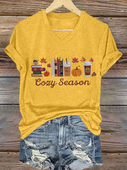 Women's Cozy Season  Pumpkin Maple Leaves Short Sleeve T-Shirt