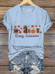 Women's Cozy Season  Pumpkin Maple Leaves Short Sleeve T-Shirt
