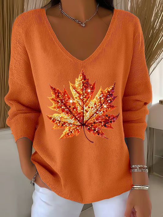 Women's Sequined Maple Leaf Printed Casual  Long Sleeve Top