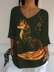 Women's Fall Leaf Fox Printed V-Neck Top