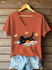 Women's Fall Cat Book Pumpkin Maple Leaves Short Sleeve T-Shirt