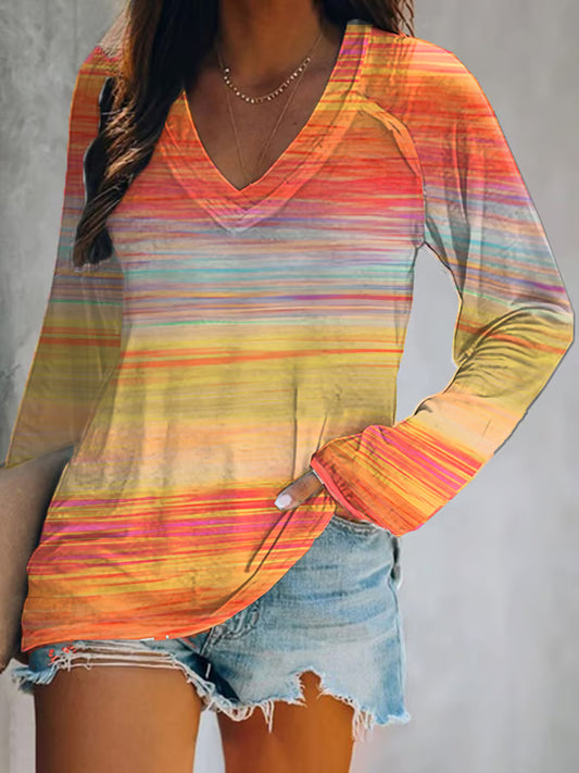 Women's Autumn Casual Gradient Double Layer Neck Long Sleeve T-Shirt