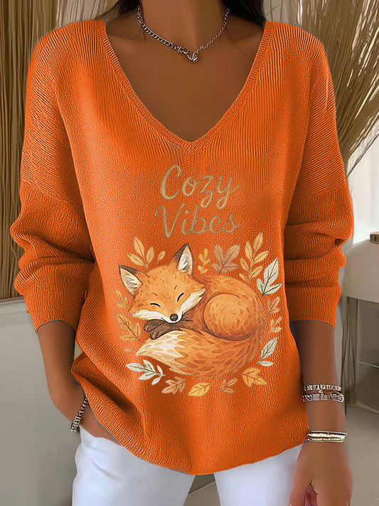 Women's Fall Leaf Fox Printed V-Neck Top
