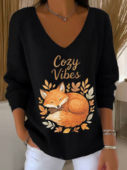 Women's Fall Leaf Fox Printed V-Neck Top