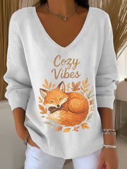 Women's Fall Leaf Fox Printed V-Neck Top