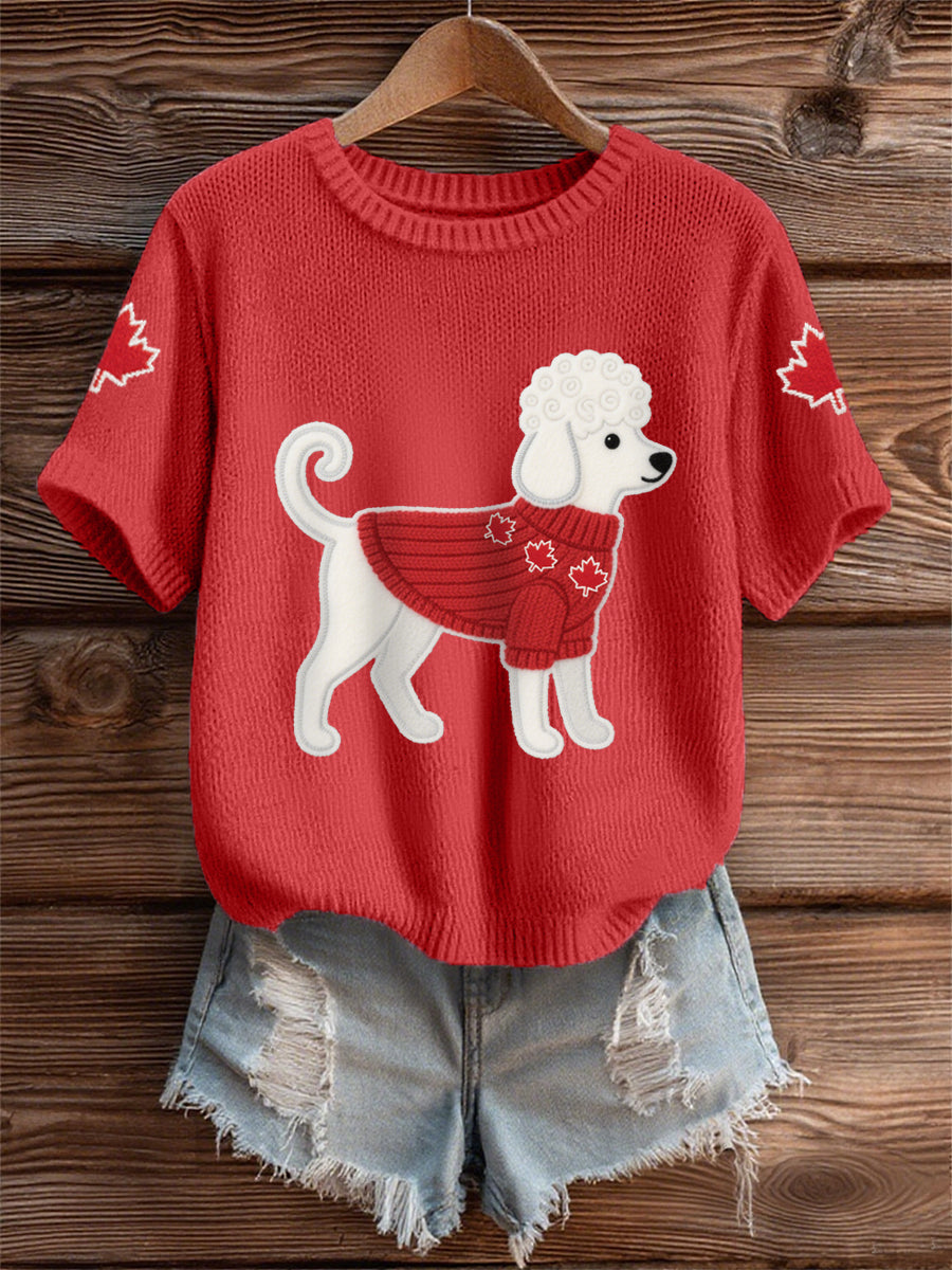 Women's Cute Dog Canadian Maple Leaf Print Casual Tee